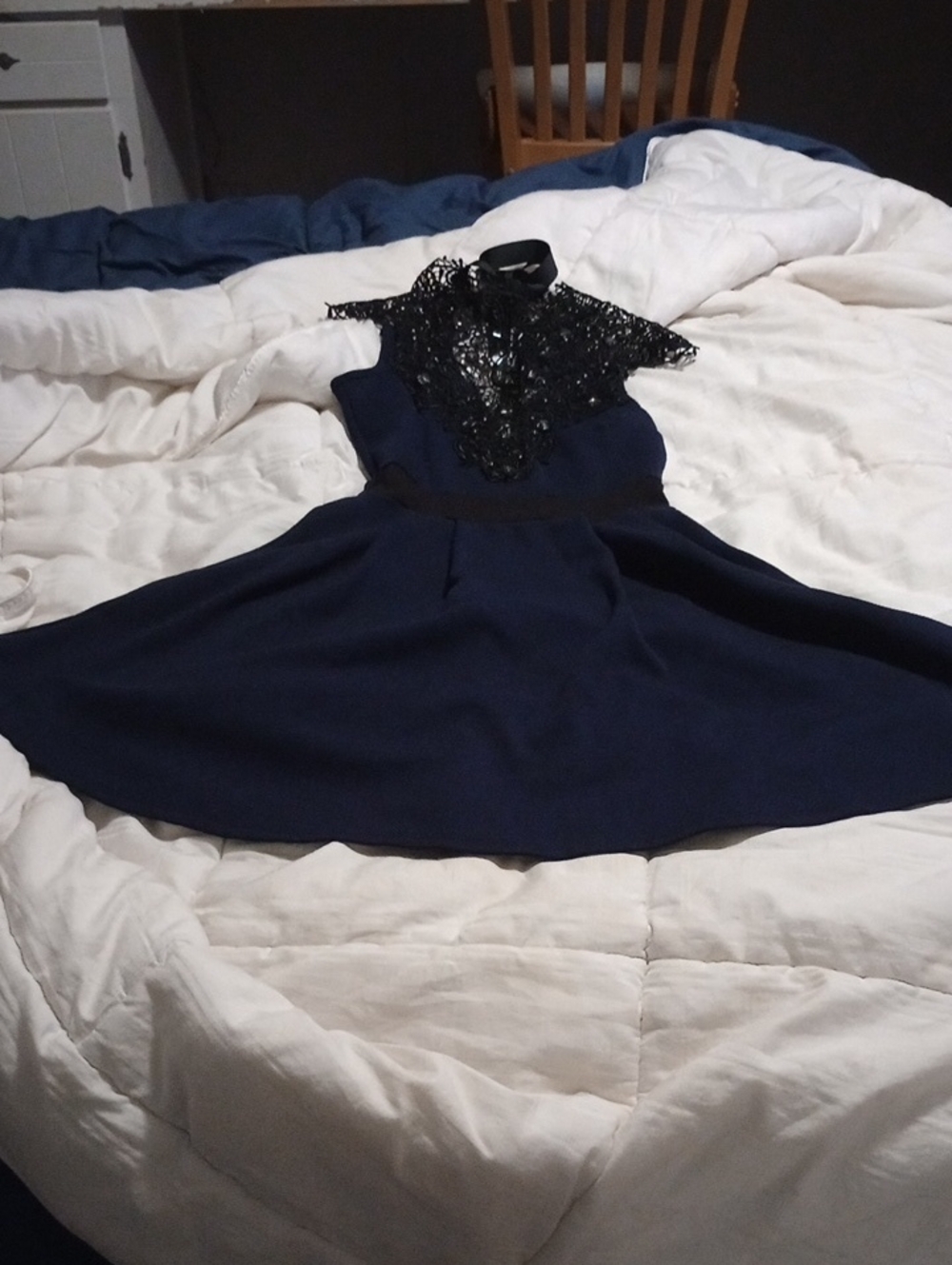 Source Unknown Navy Skater Dress with Black Lace Bodice